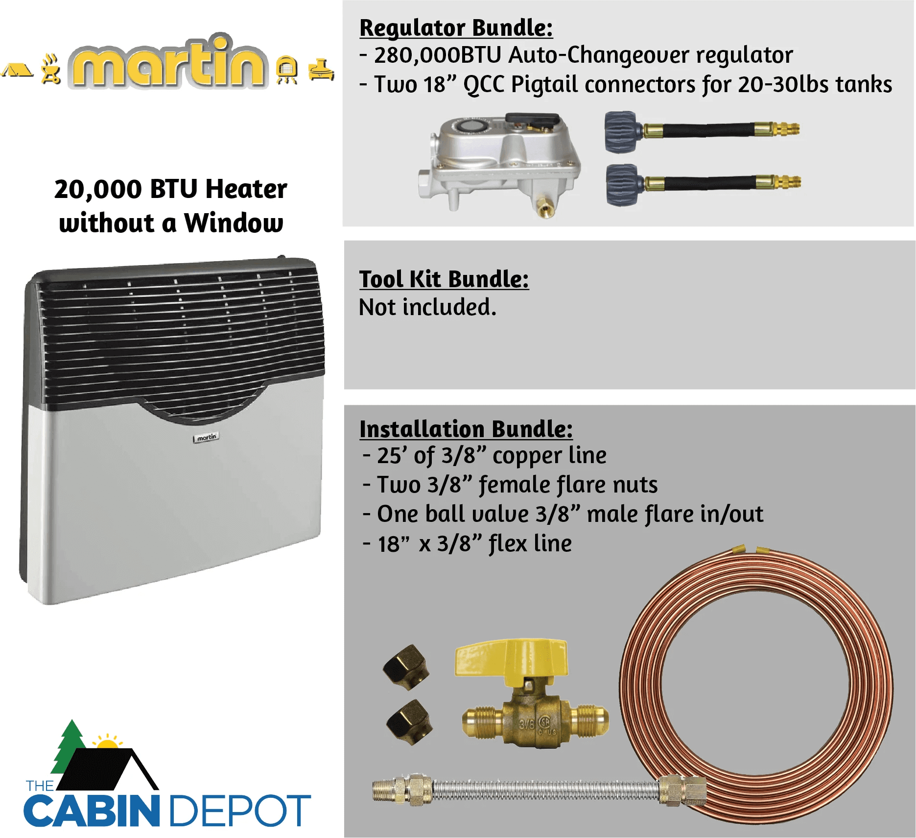 Martin 20,000 BTU Direct Vent Heater without a Window, installation and regulator bundles available at The Cabin Depot.