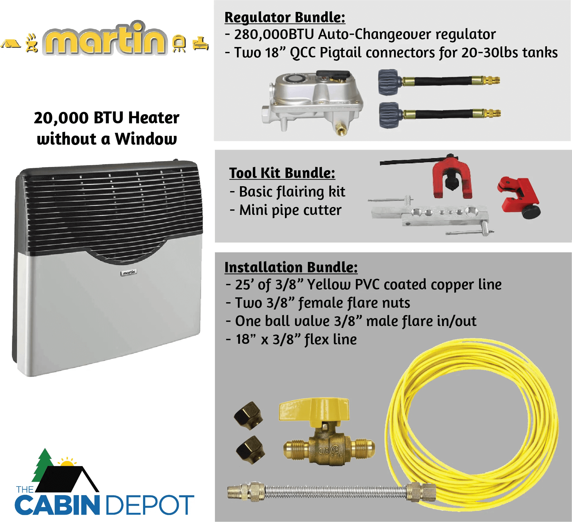 Martin 20,000 BTU Direct Vent Heater package with installation, regulator, and tool kits at The Cabin Depot. No electricity needed.
