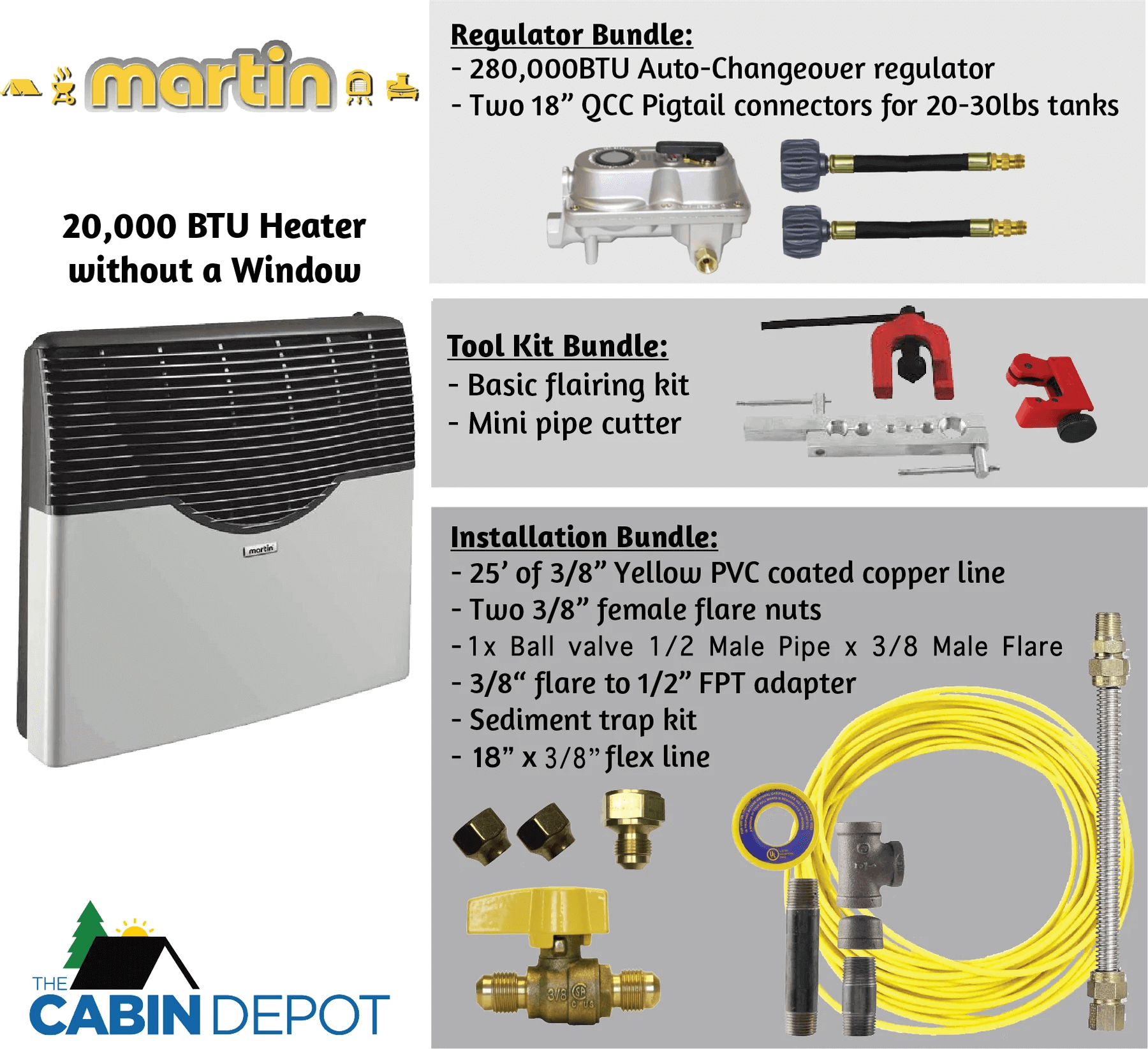 Martin 20,000 BTU Propane Heater Kit with Regulator, Tool & Installation Bundle from The Cabin Depot