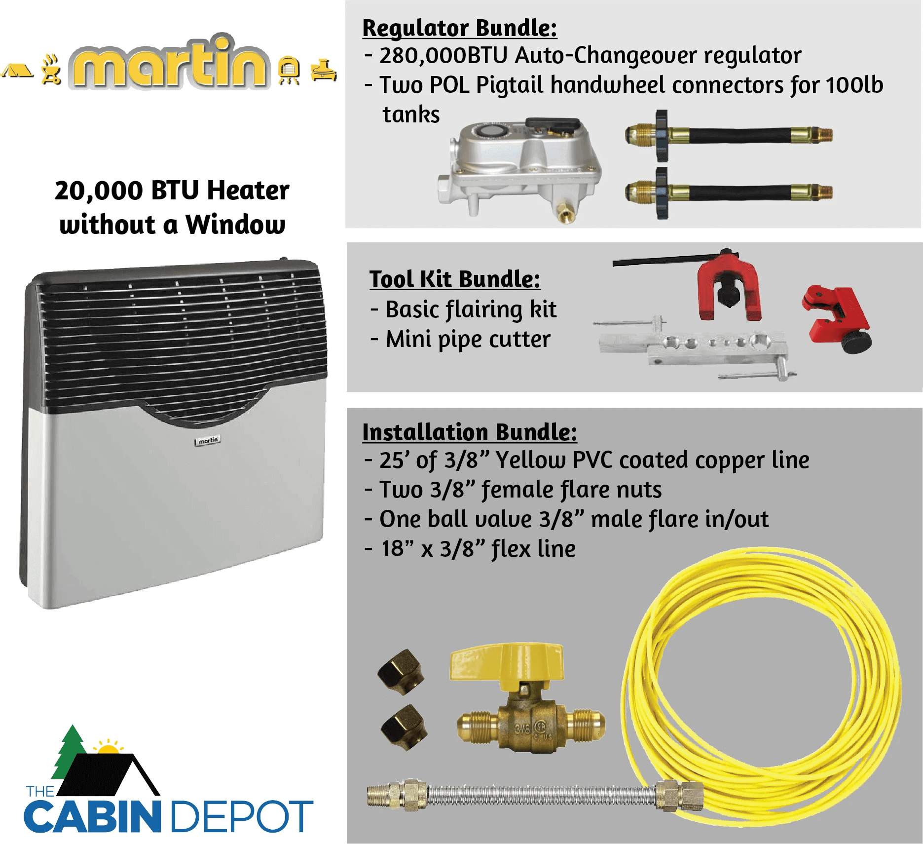 Martin 20,000 BTU Direct Vent Propane Heater bundle from The Cabin Depot, includes regulator, tools, and installation kits.