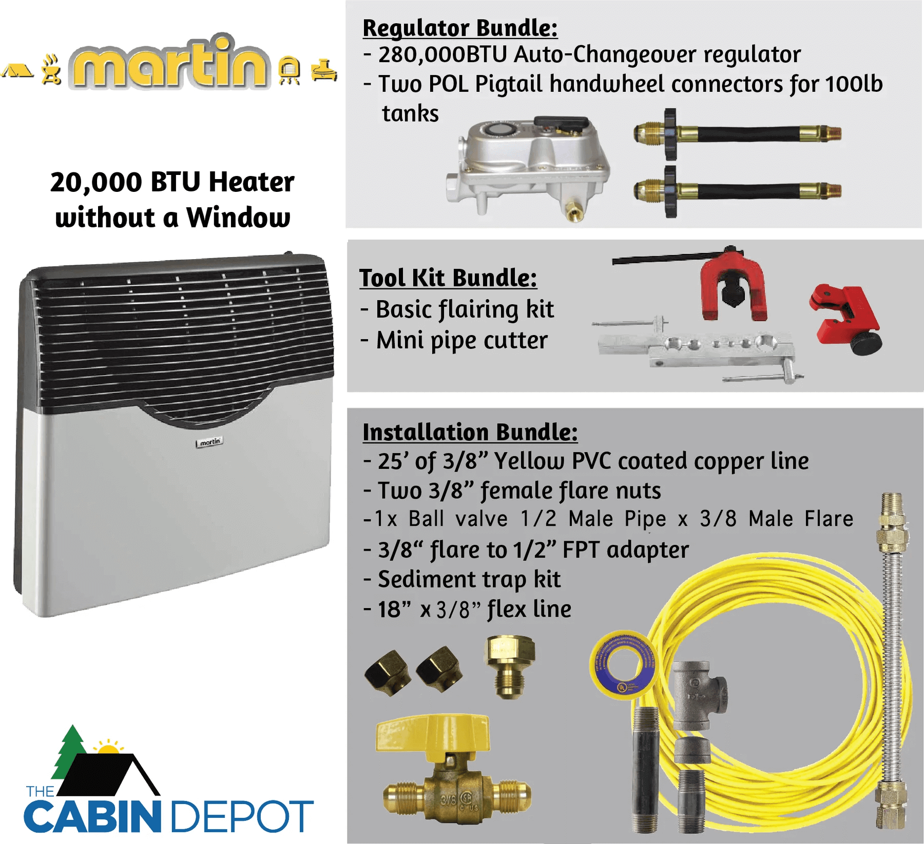 Martin 20,000 BTU Propane Heater with Installation Kits - The Cabin Depot. Shop direct vent heating solutions for efficient and off-grid use.