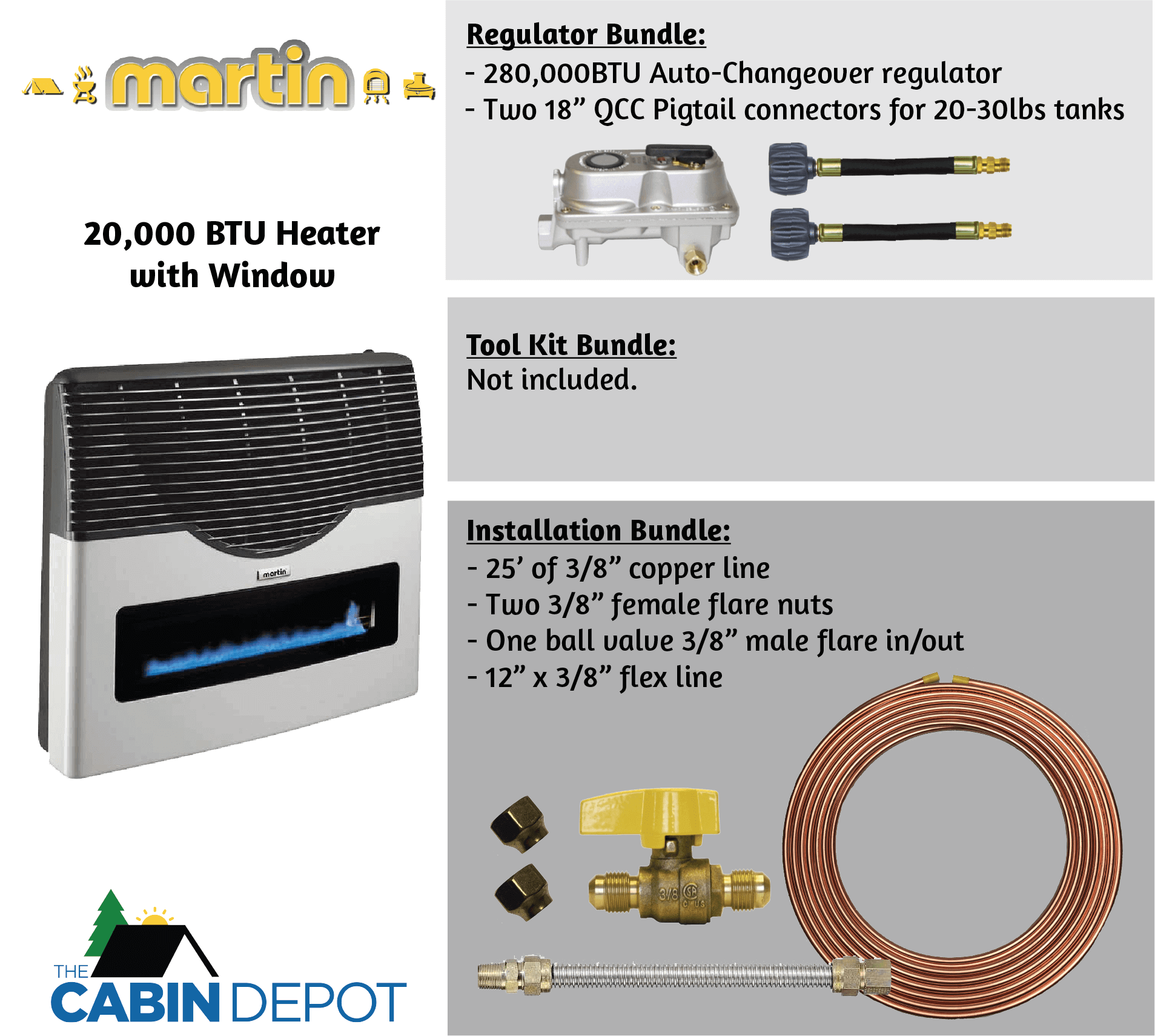 Martin 20,000 BTU Direct Vent Propane Heater with window, available at Cabin Depot, showcasing installation bundle components.