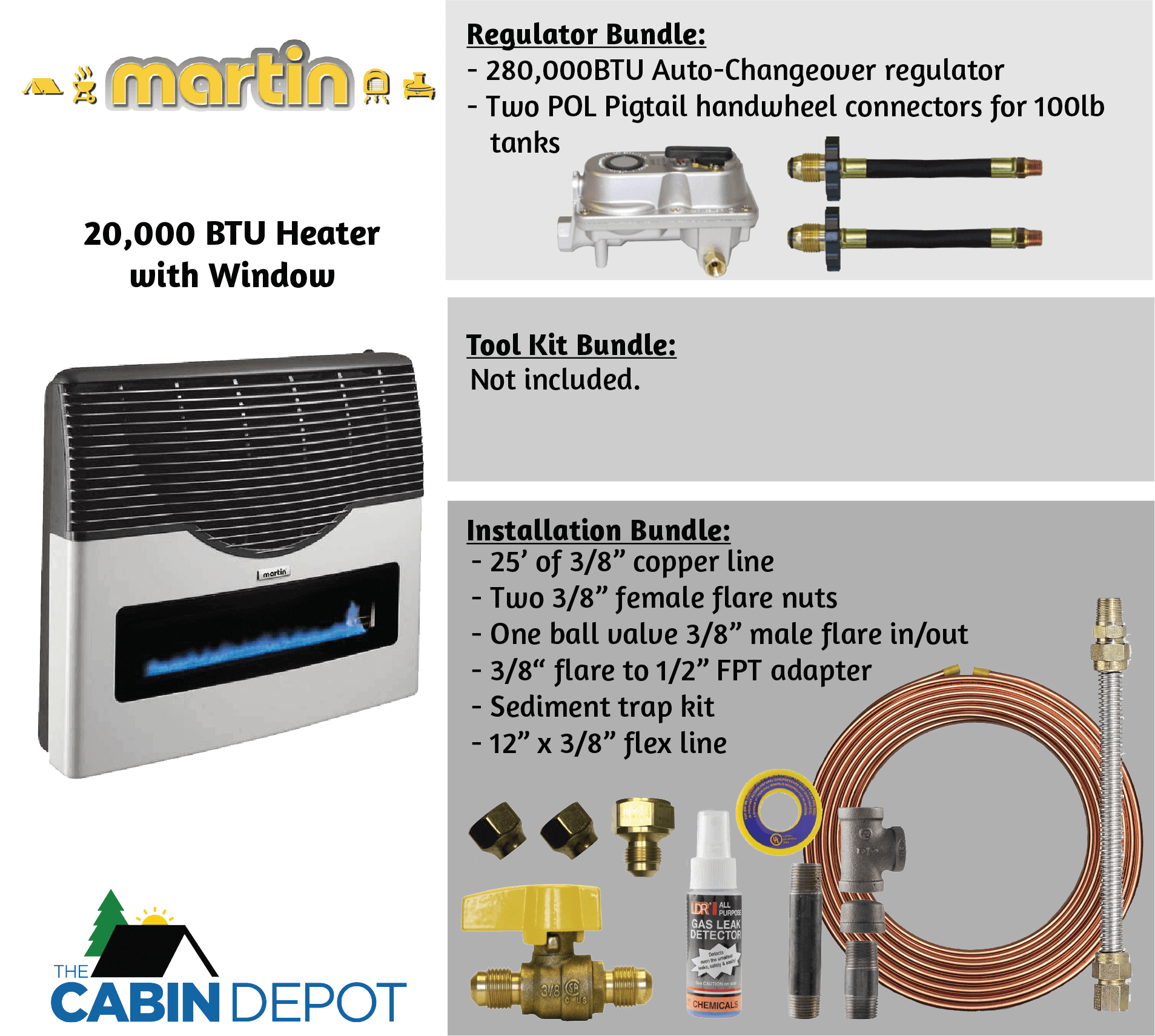 Martin 20,000 BTU Direct Vent Propane Heater with installation bundle details, available at The Cabin Depot. Free shipping in Canada.
