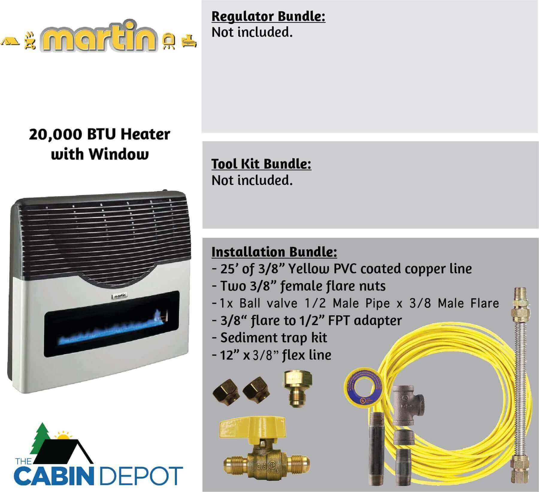 Martin 20,000 BTU Direct Vent Propane Heater with installation kit, available from Cabin Depot for off-grid cabins in Canada.