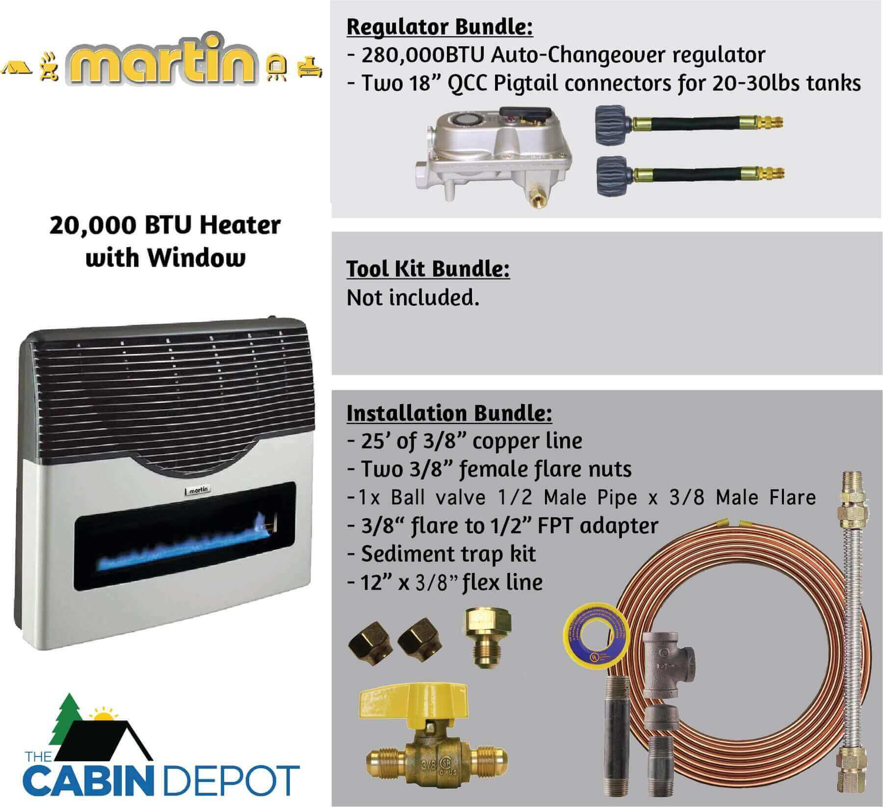 Martin 20,000 BTU Direct Vent Propane Heater with installation and regulator bundles offered by The Cabin Depot.