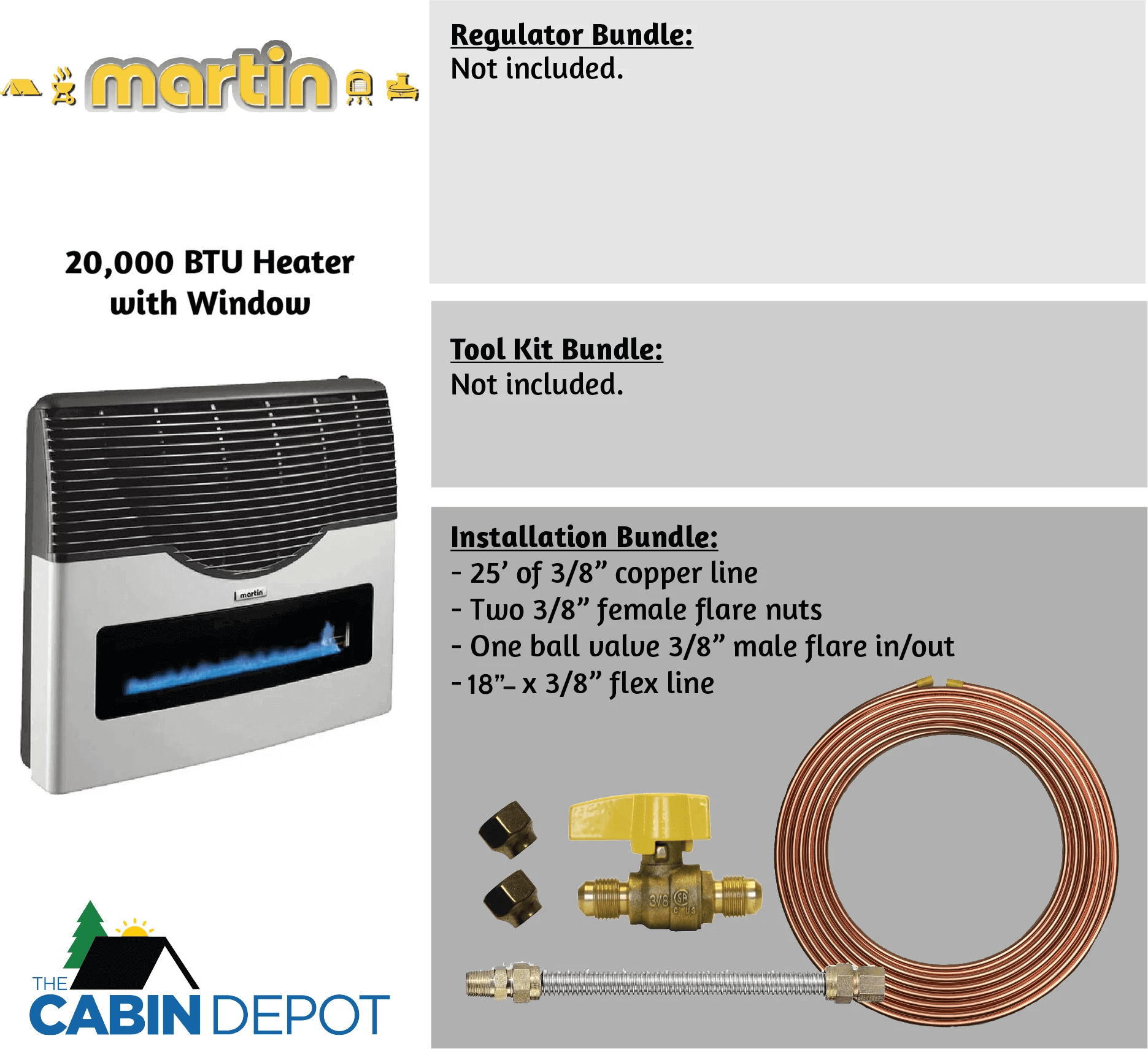 Martin 20,000 BTU Direct Vent Propane Heater with installation accessories by Cabin Depot