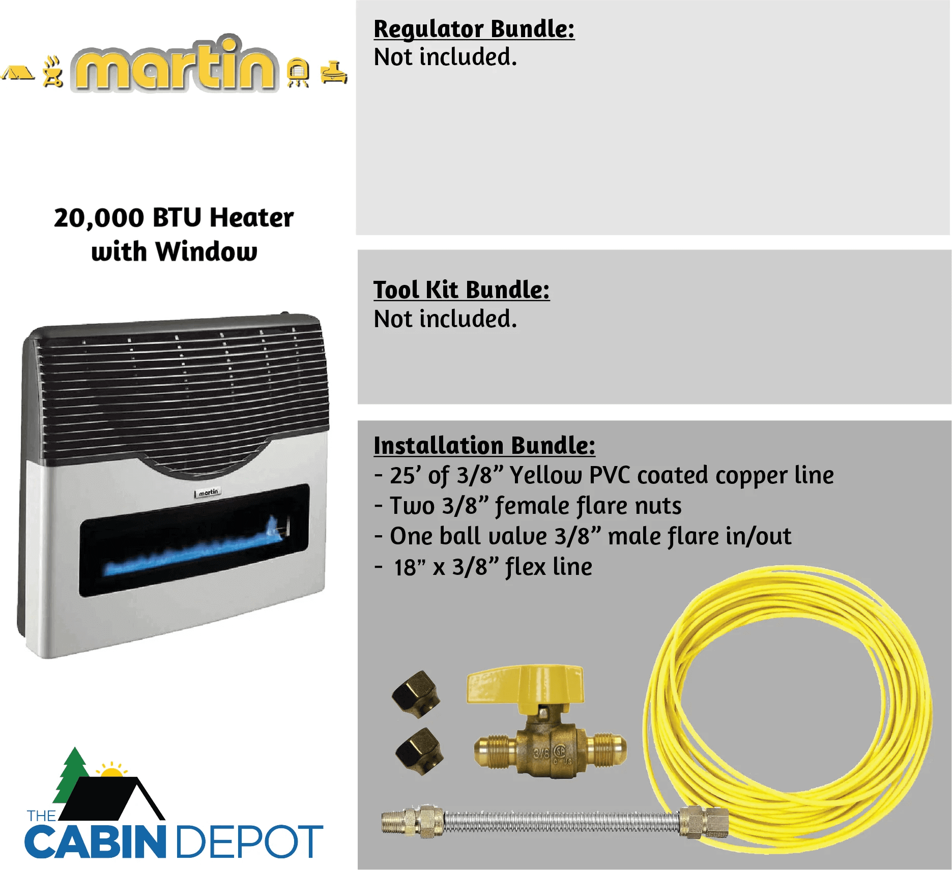 Martin 20,000 BTU Direct Vent Propane Heater with installation bundle, available at Cabin Depot. Ideal for non-electric, off-grid usage.