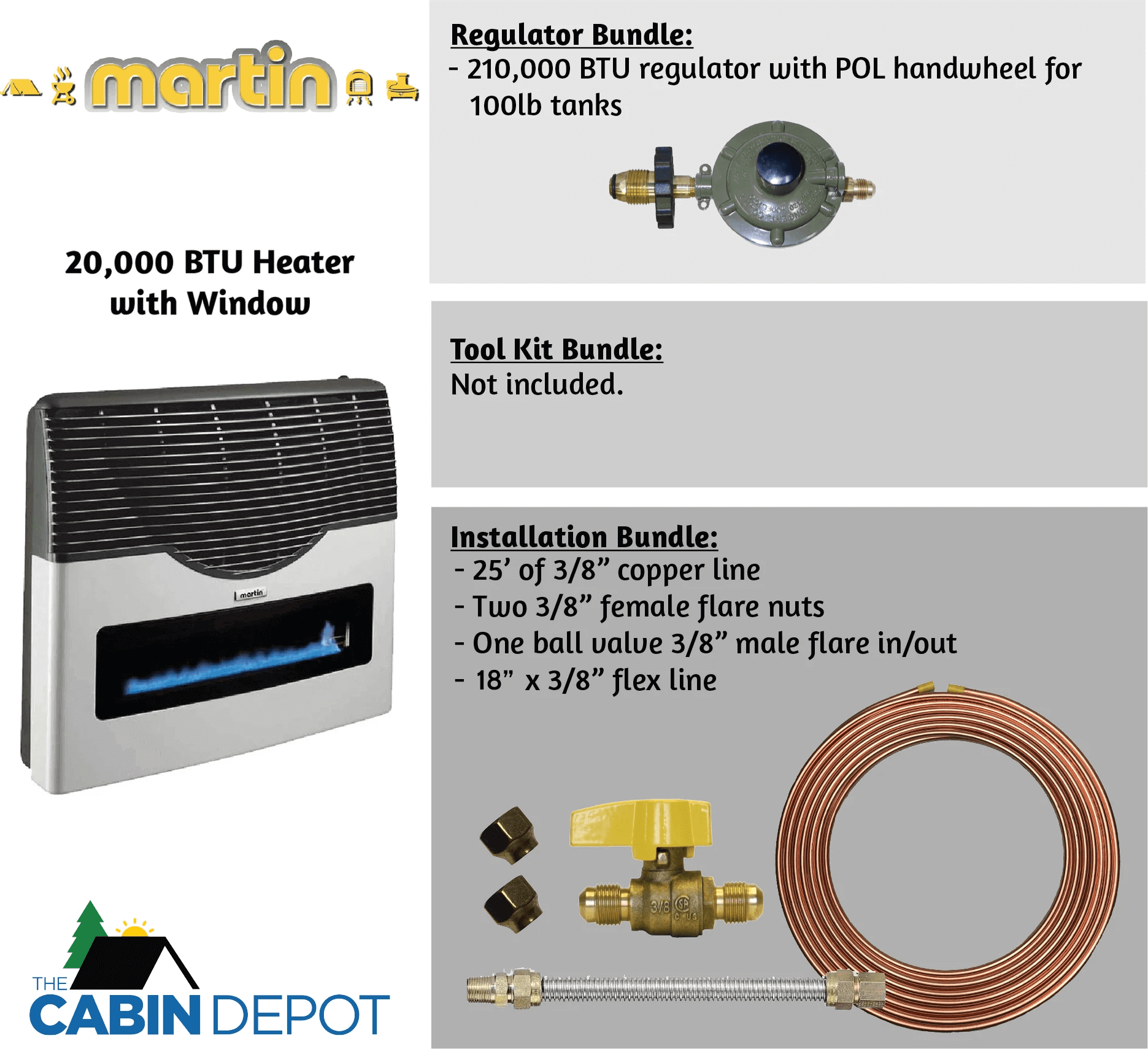 Martin 20,000 BTU direct vent propane heater with installation bundle, featuring copper line and fittings. Available at Cabin Depot.