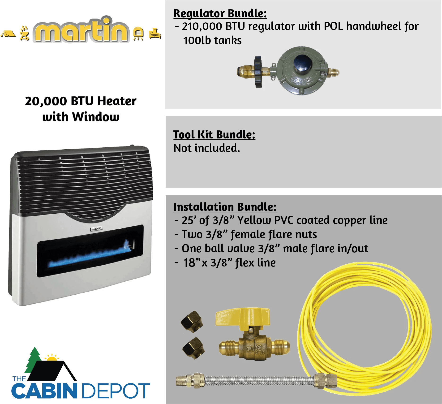 Martin 20,000 BTU Direct Vent Propane Heater with accessories from The Cabin Depot for off-grid installation in Canada.