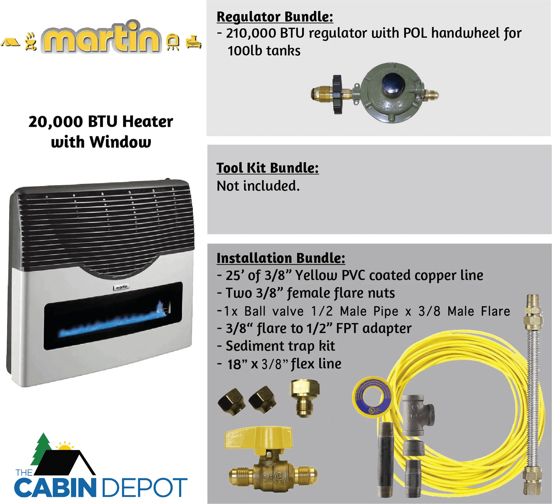 Martin 20,000 BTU Direct Vent Propane Heater with window, accessories, and Cabin Depot logo for efficient off-grid heating.