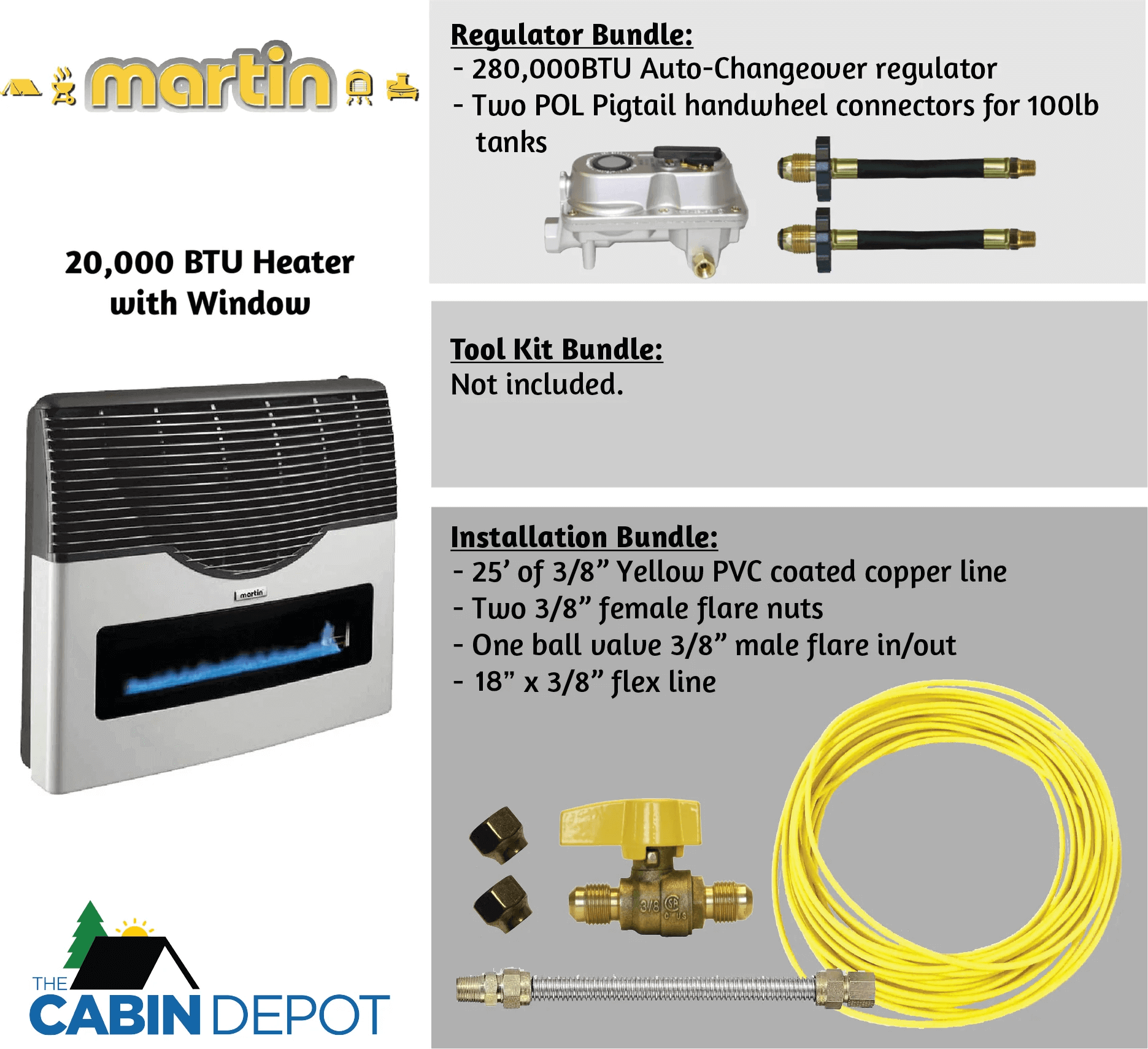 Martin 20,000 BTU Direct Vent Propane Heater with window, installation and regulator bundles at The Cabin Depot