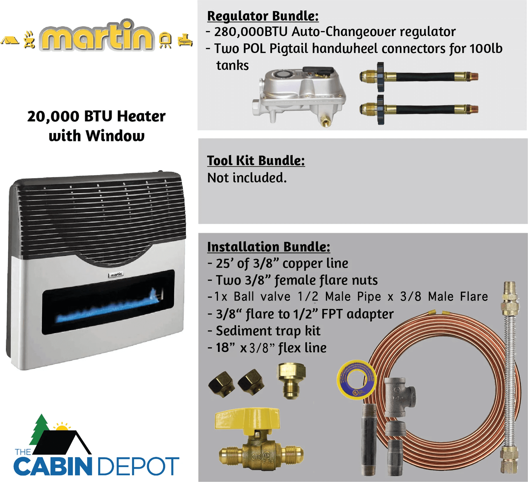 Martin 20,000 BTU direct vent propane heater with installation bundle - available at the Cabin Depot. Perfect for off-grid use.