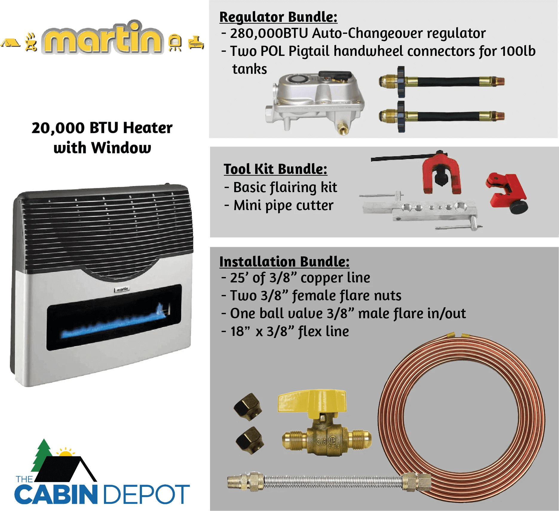 Martin 20,000 BTU Direct Vent Propane Heater with installation bundles and Cabin Depot logo.