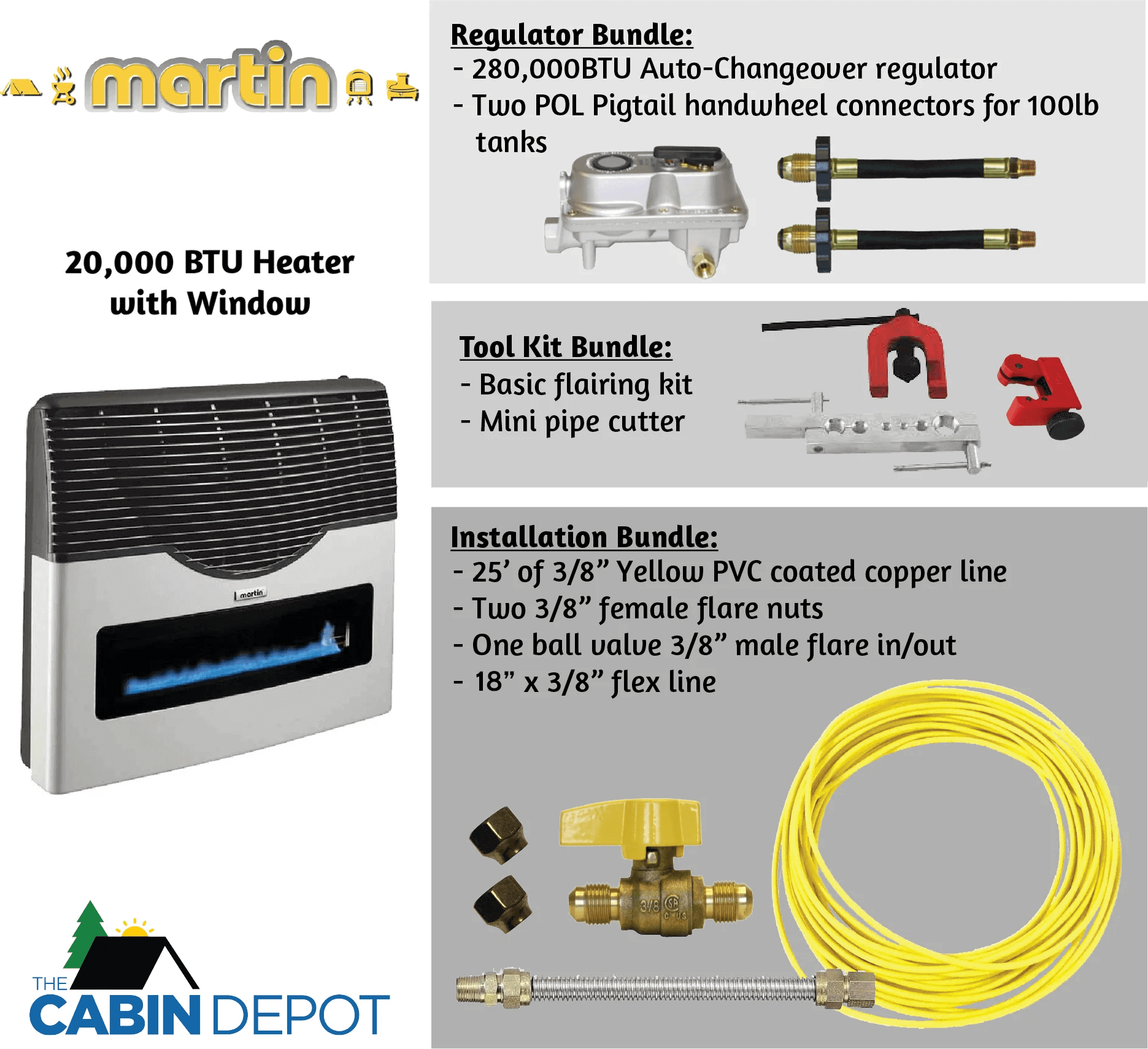Martin 20,000 BTU Propane Heater with accessories, featuring regulator, tool, and installation bundles. Available at The Cabin Depot.