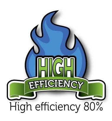 High efficiency 80% logo with blue flame and green banner.