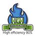 High efficiency 80% logo with blue flame and green banner.