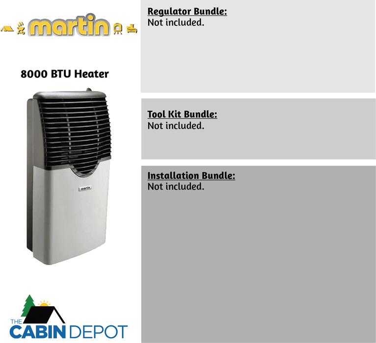 Martin 8,000 BTU Direct Vent Propane Heater by The Cabin Depot, off-grid heating solution, no electricity needed, vent kit included.