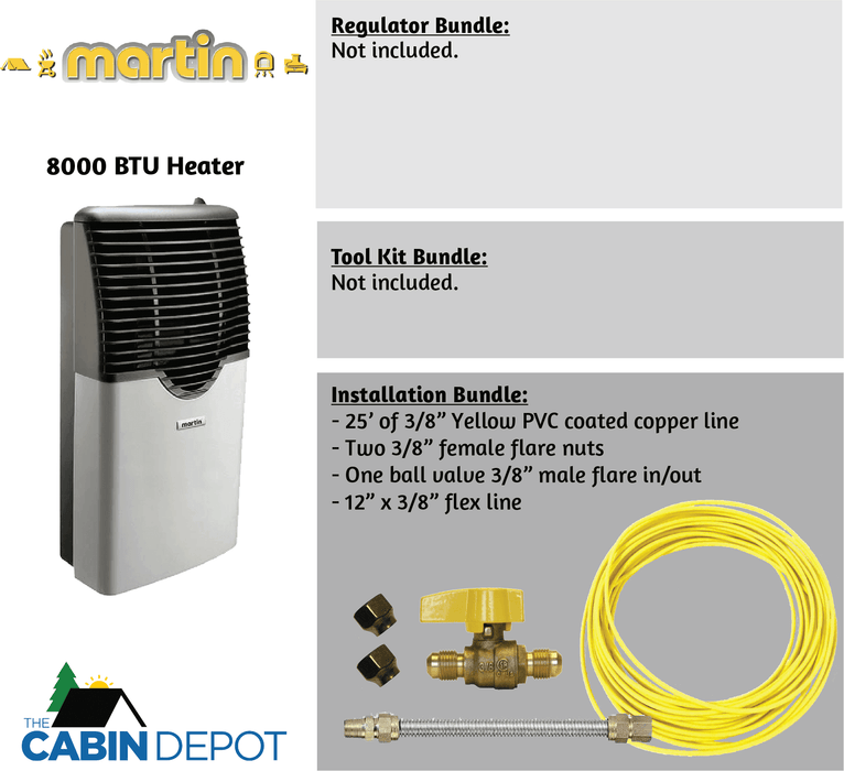 Martin 8000 BTU Direct Vent Propane Heater with Installation Bundle, no regulator or toolkit, available at Cabin Depot Canada.