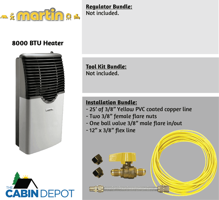 Martin 8000 BTU Direct Vent Propane Heater with Installation Bundle, no regulator or toolkit, available at Cabin Depot Canada.