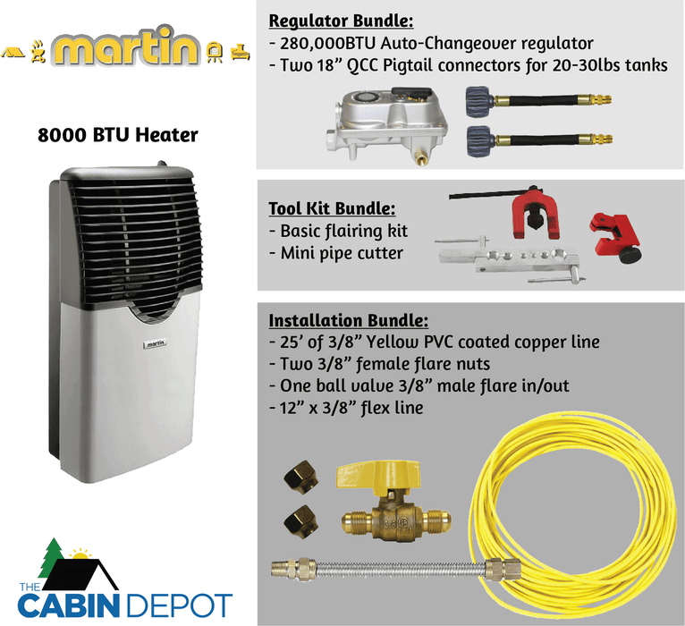 Martin 8000 BTU Direct Vent Propane Heater with regulator, tool, installation bundles from Cabin Depot.