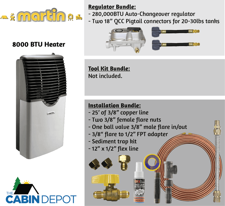 Martin 8,000 BTU Direct Vent Propane Heater MDV8P at The Cabin Depot with installation and regulator bundle options.