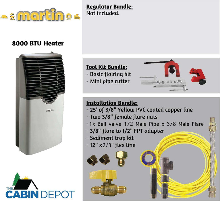 Martin 8,000 BTU Direct Vent Propane Heater MDV8P with accessories at The Cabin Depot. Perfect for off-grid cabins with no power needed.