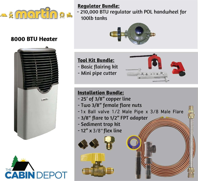 Martin 8000 BTU propane heater package; includes regulator, tool kit, and installation bundle. Available at The Cabin Depot.