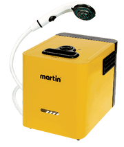 Martin 18,000 BTU Portable Water Heater by Cabin Depot with attached shower head for camping and RV use.