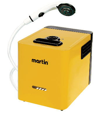 Martin 18,000 BTU Portable Water Heater by Cabin Depot with attached shower head for camping and RV use.