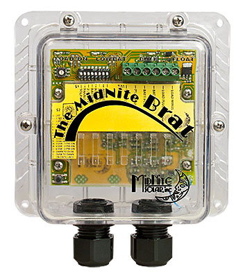 MidNite BRAT Charge Controller with transparent casing showcasing internal components and branding.