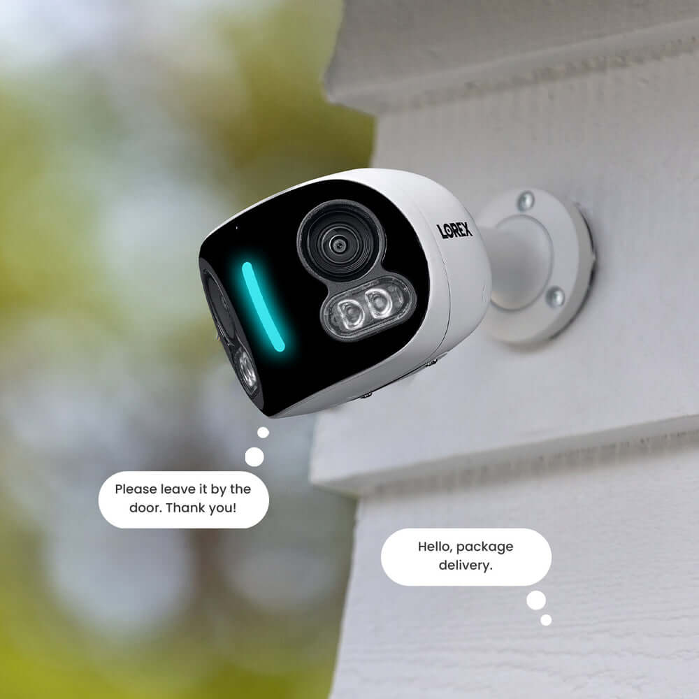 Lorex Dual-Lens 4K Wi-Fi Camera mounted for outdoor security at Cabin Depot.