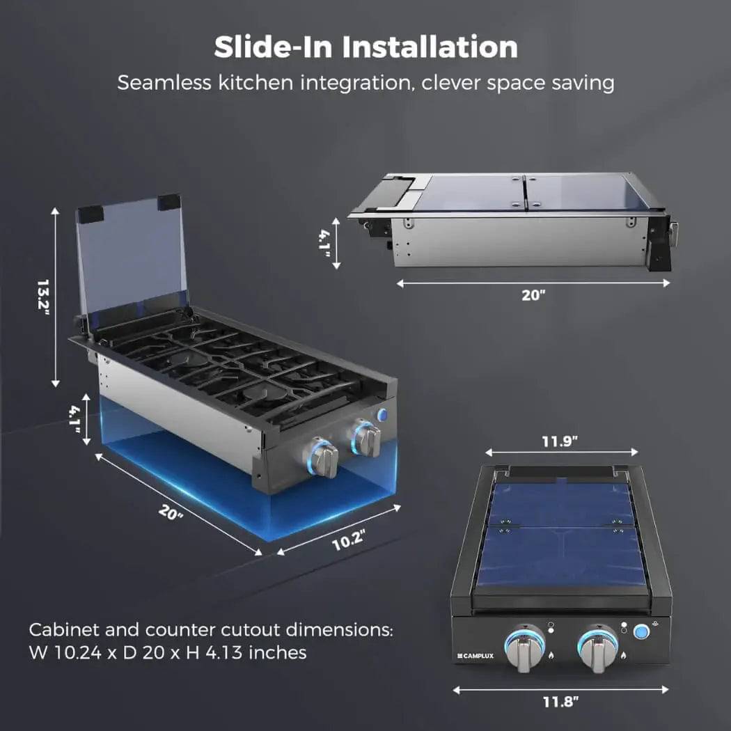 Camplux 12-inch 2 Burner RV Cooktop dimensions and seamless slide-in installation from Cabin Depot.