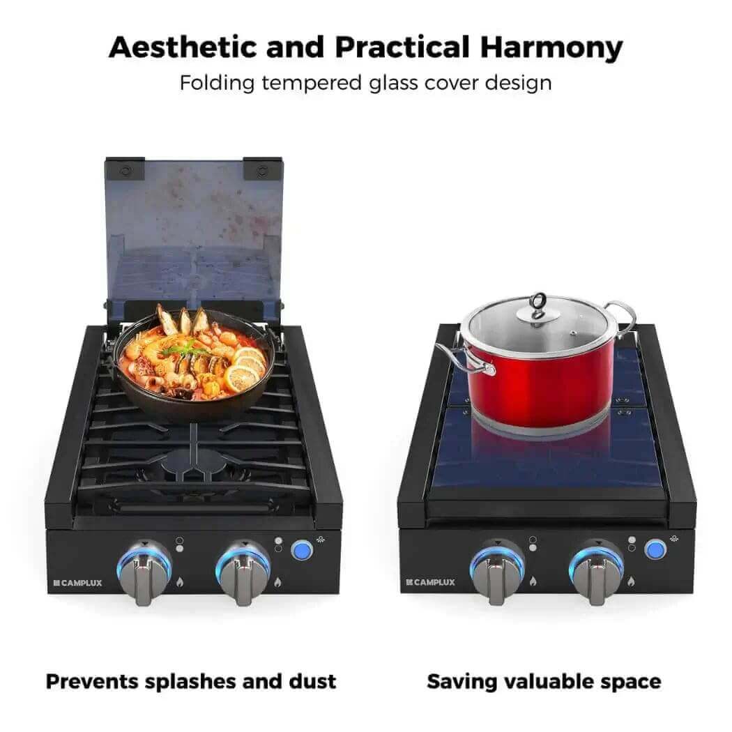 Camplux 12-inch 2 burner propane RV cooktop with glass cover, available at Cabin Depot. Ideal for compact space cooking.
