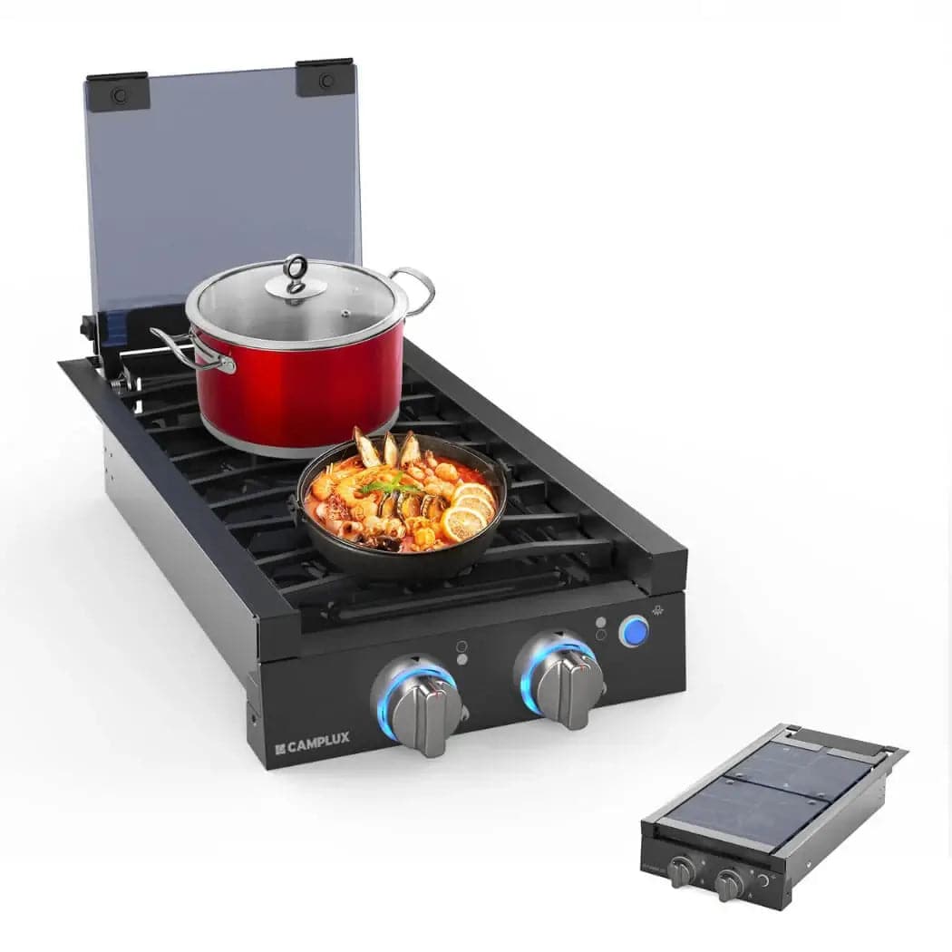 Camplux 12-inch 2 burner propane RV cooktop with cover, perfect for RV cooking, available at Cabin Depot, enhances travel meal prep.