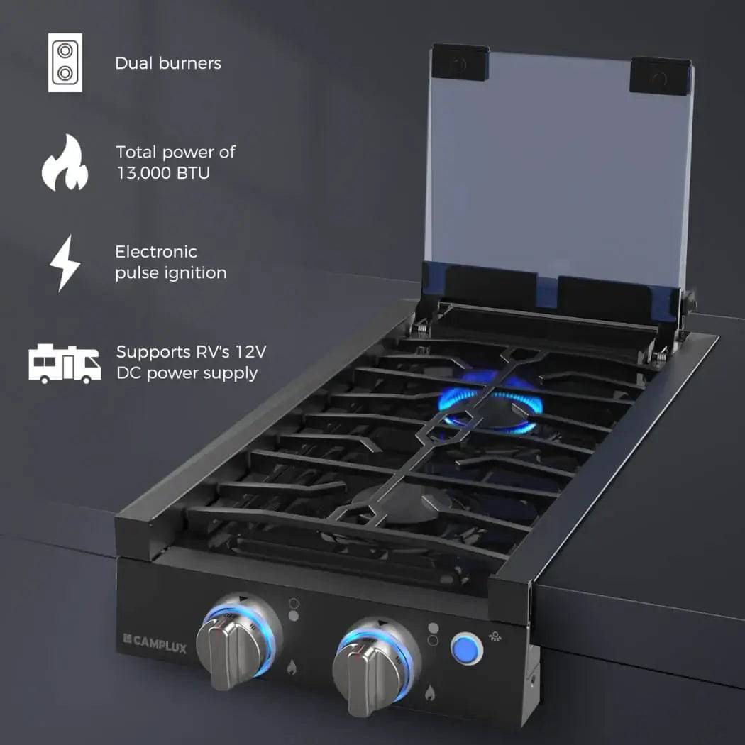 Camplux 12" dual burner propane RV cooktop with cover, 13,000 BTU, electronic ignition, ideal for RVs. Available at Cabin Depot.