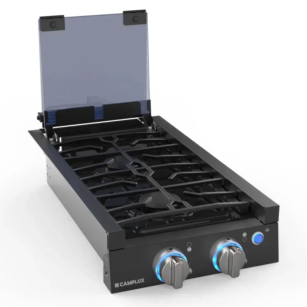 Camplux 12-inch 2 Burner Propane RV Cooktop with Cover from Cabin Depot, ideal for convenient cooking during travel.