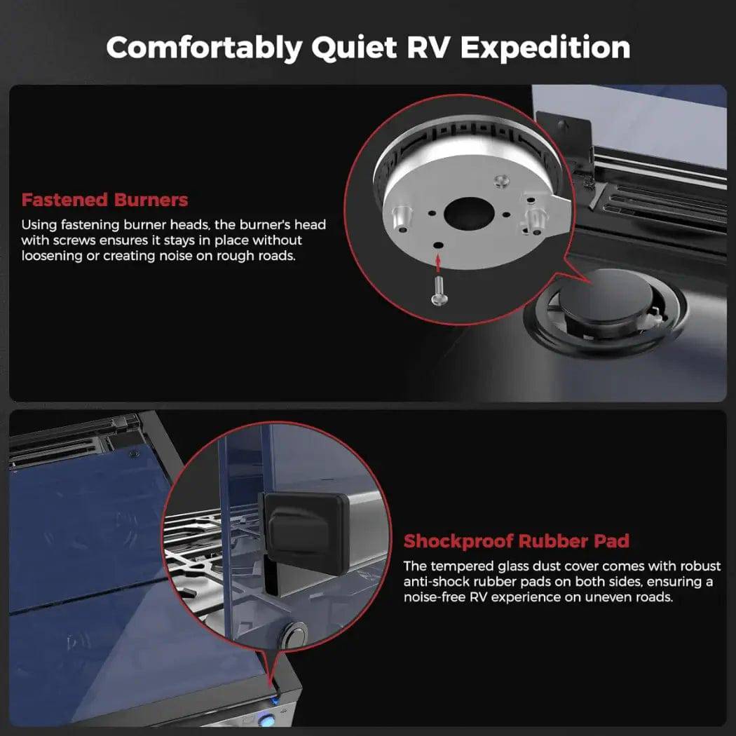 Camplux 3 Burner RV Cooktop with shockproof rubber pad and fastened burners for noise-free performance, available at Cabin Depot.
