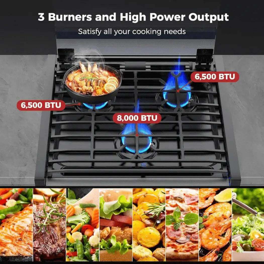 Camplux 3 Burner Gas Cooktop with 6,500 and 8,000 BTU output, ideal for camping or RV, sold at Cabin Depot