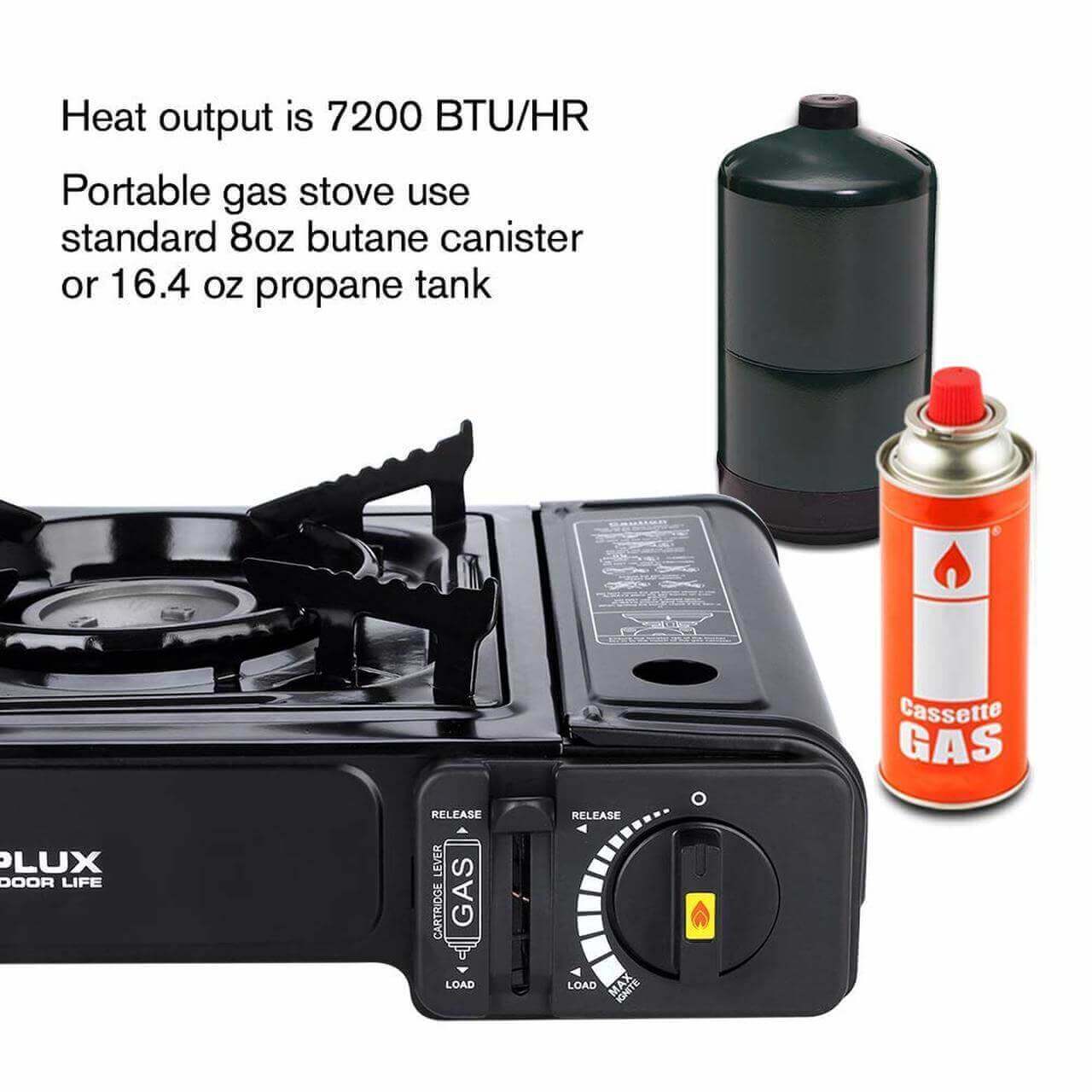 Camplux dual fuel portable camping stove with propane and butane options, 7200 BTU, from Cabin Depot.