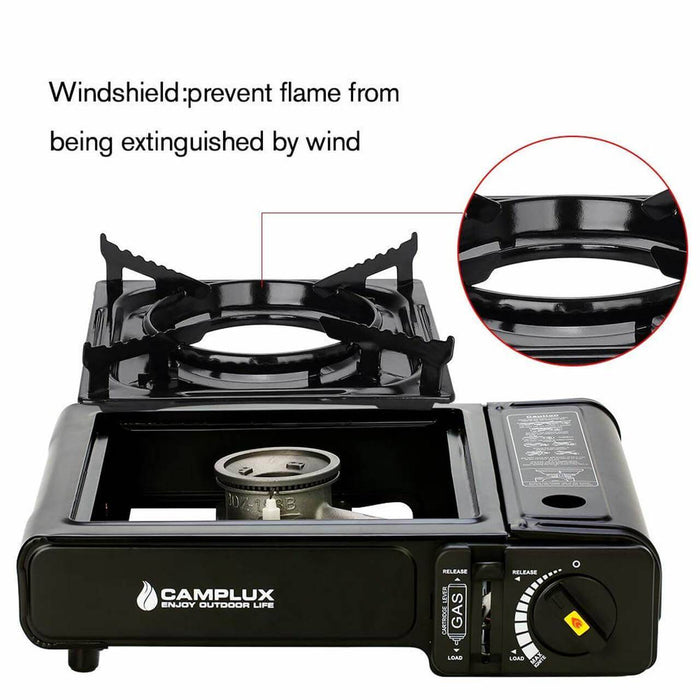 Camplux dual fuel portable camping stove with windshield feature to prevent flame extinguishing, single burner in black design.