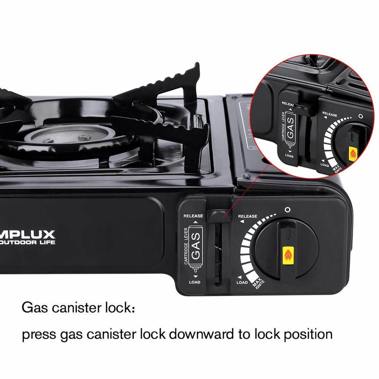 Camplux portable gas stove with canister lock, ideal for outdoor camping. Cabin Depot dual fuel propane and butane burner.