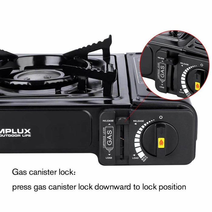 Camplux portable camping stove gas canister lock mechanism close-up.