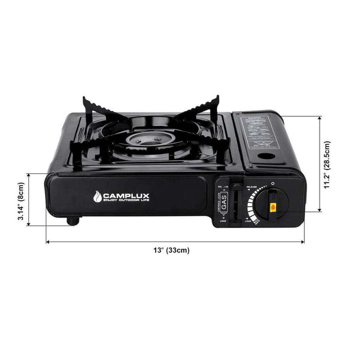 Camplux Dual Fuel Portable Camping Stove with dimensions marked, single burner, black finish, ideal for outdoor cooking.