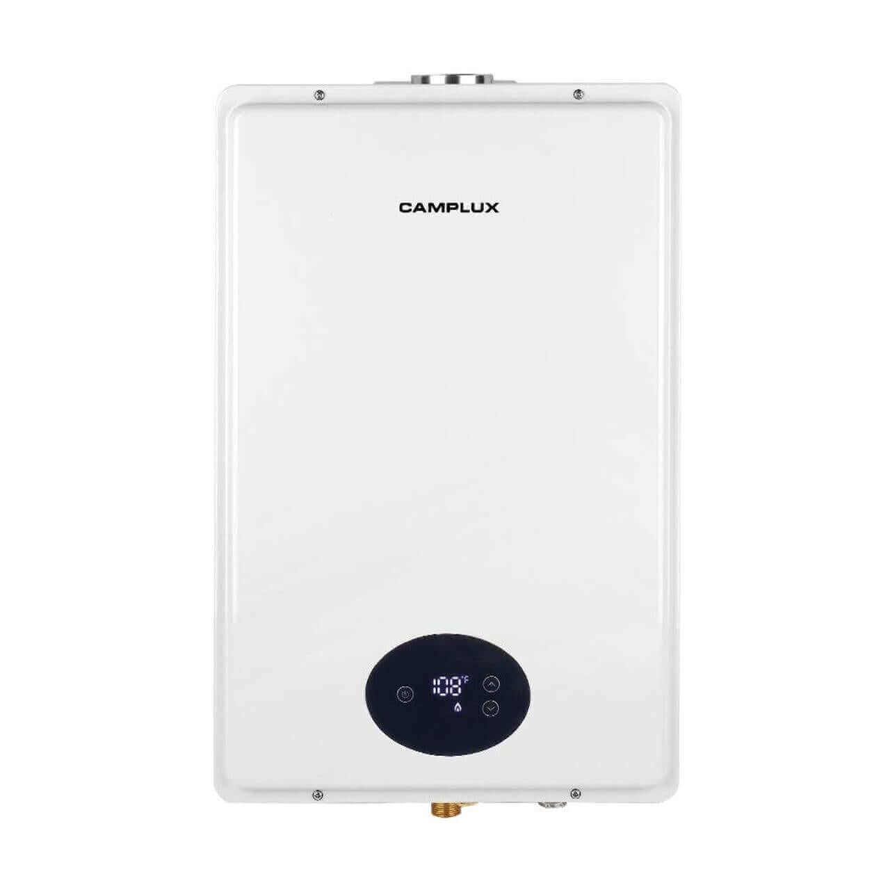 Alt Tag: Camplux CA528 propane indoor tankless water heater, CSA certified, white finish, available at Cabin Depot with warranty.