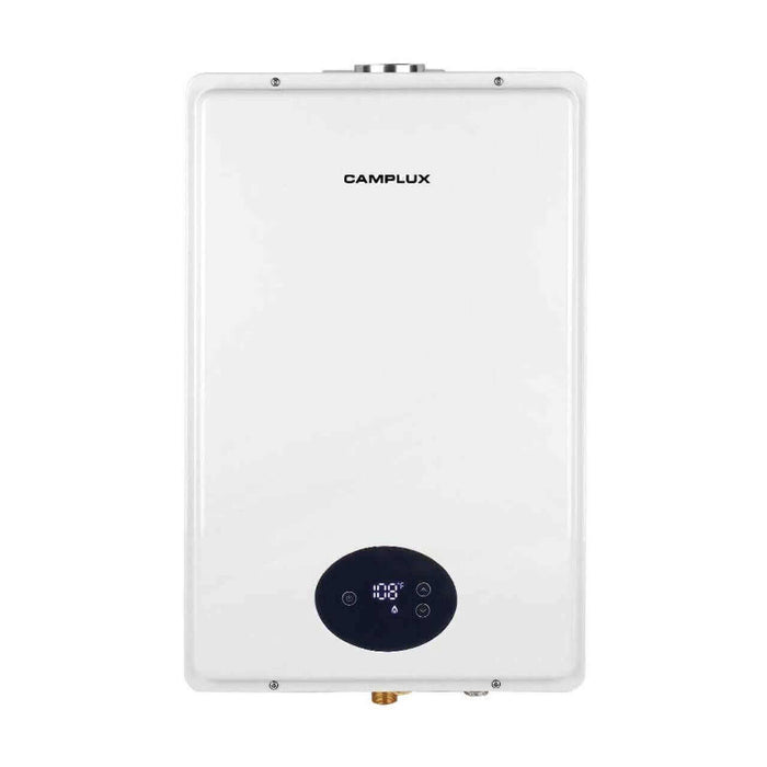 Alt Tag: Camplux CA528 propane indoor tankless water heater, CSA certified, white finish, available at Cabin Depot with warranty.