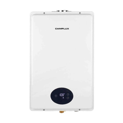 Alt Tag: Camplux CA528 propane indoor tankless water heater, CSA certified, white finish, available at Cabin Depot with warranty.