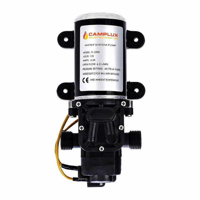 Camplux 1.6 GPM 65 PSI 12V Diaphragm Pump for RVs and boats, compact and lightweight with rubber mounting for vibration isolation