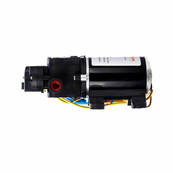 Camplux 1.6 GPM 12V diaphragm pump for RVs, boats, and camping, providing automatic pressurized water with rubber mounting feet.