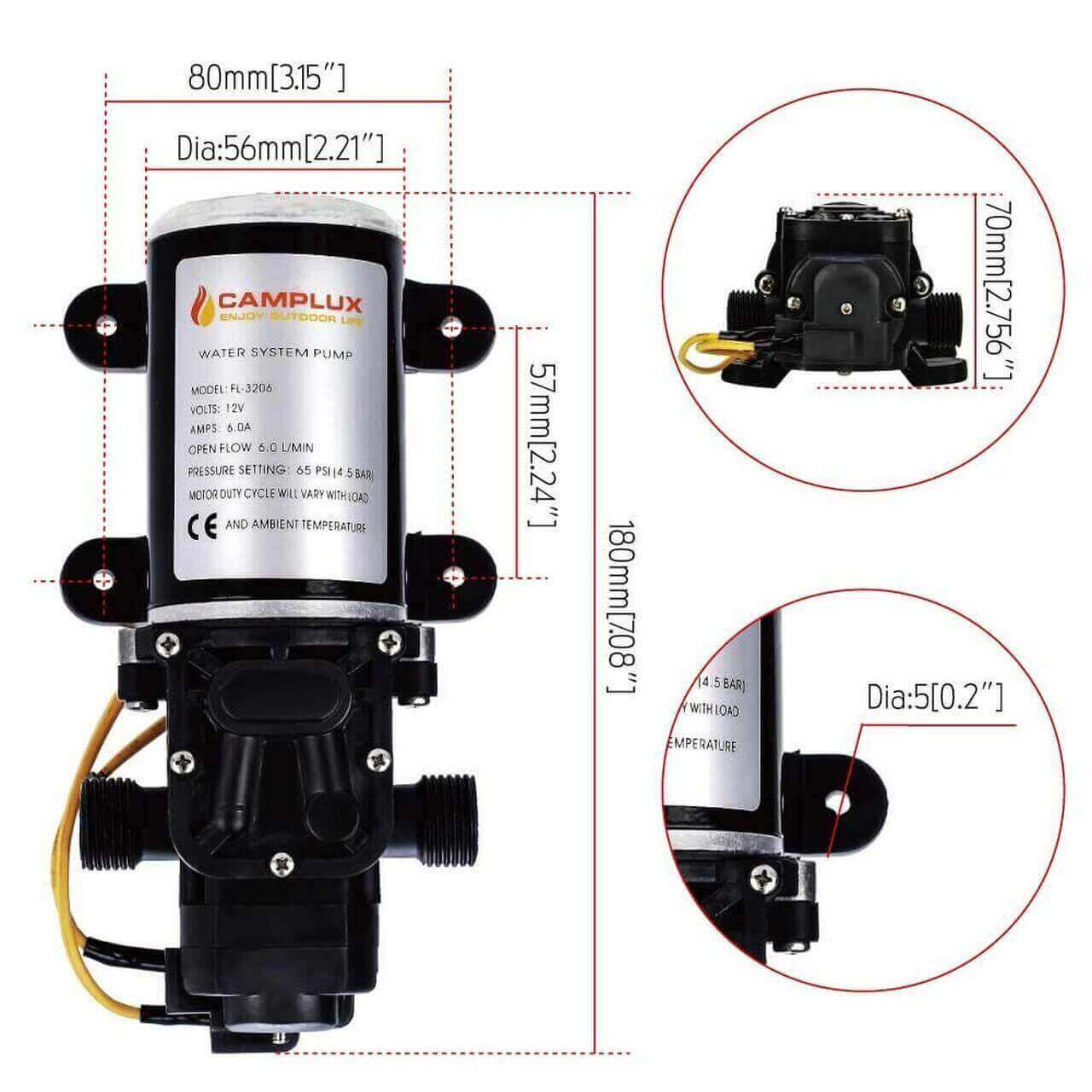 Camplux 1.6 GPM 65 PSI 12V Diaphragm Pump with dimensions for RV and boat use, available at Cabin Depot.