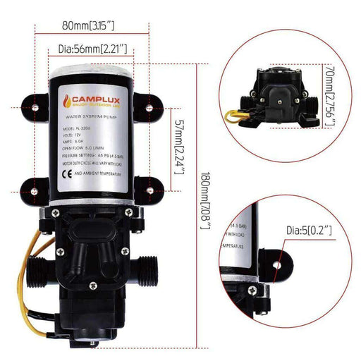 Camplux 1.6 GPM 65 PSI 12V diaphragm pump dimensions and features for water transfer in RVs, boats, and camping.